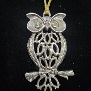 Silver-Tone Filigree Owl Pendant With Rhinestone Eyes - 4.5"  Pendent Ornament